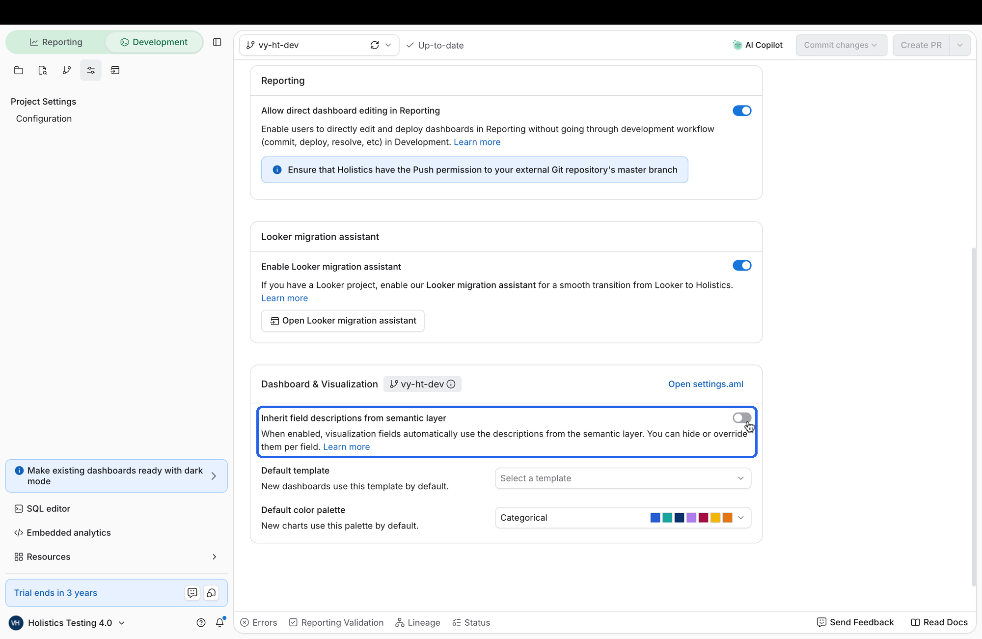 The Inherit field descriptions from semantic layer toggle, under Dashboard & Visualization in Project Settings.