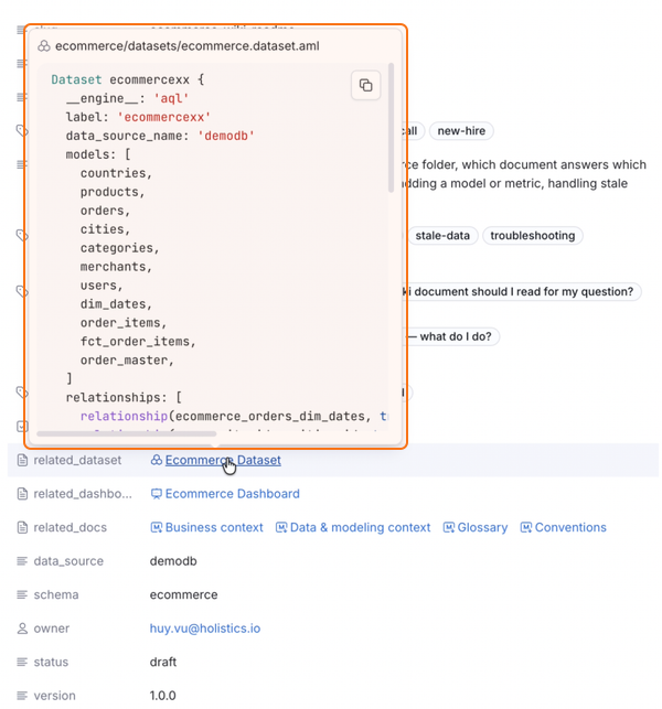 Highlighted popover showing the AML source of ecommerce.dataset.aml while the cursor rests on the Ecommerce Dataset link beneath it